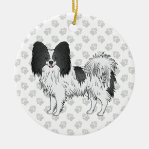 Svart Och Vit Papillon Söt Hund Med Tassar Julgransprydnad Keramik