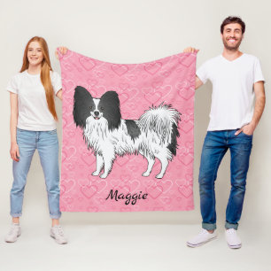 Svart och vit Papillon Söt hund på rosa hjärtan Fleecefilt