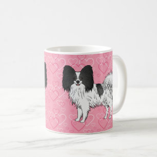 Svart och vit Papillon Söt Hund På Rosa Hjärtan Kaffemugg