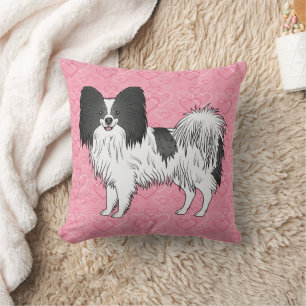 Svart och vit Papillon Söt Hund På Rosa Hjärtan Kudde