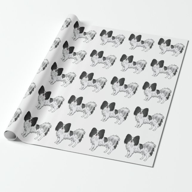 Svart Och Vit Papillon Söt Tecknad Hundmönster Presentpapper (Utrullad)