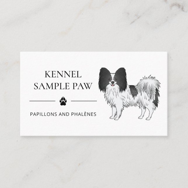 Svart och vit Papillon Tecknad Hund - Hund Kennel Visitkort (Framsida)