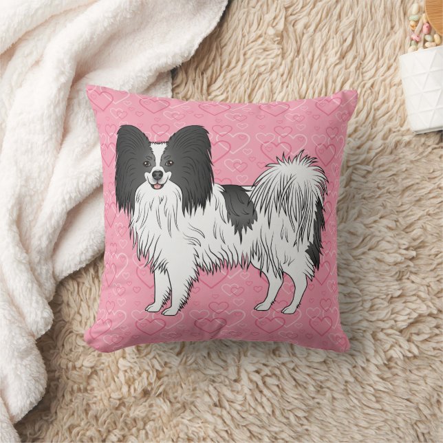 Svart och vit papilloncute-Hund på Rosa Hjärter Kudde (Filt)