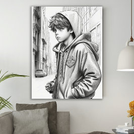 Svart och vit penna Teckning Boy AI Generated Art Poster