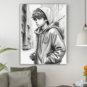 Svart och vit penna Teckning Boy AI Generated Art Poster