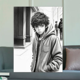 Svart och vit penna Teckning Boy AI Generated Art Poster