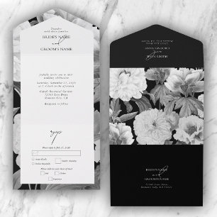 Svart och vit Peonies vattenfärg Blommigt Bröllop