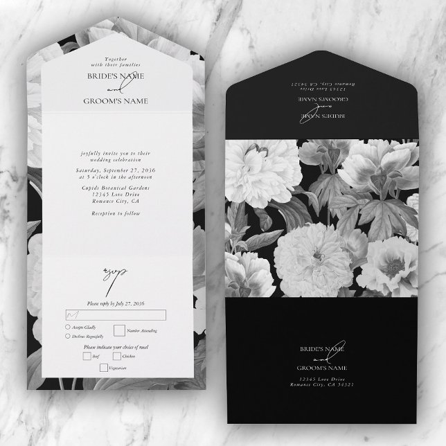 Svart och vit Peonies vattenfärg Blommigt Bröllop (Black & White Peonies Watercolor Floral Wedding All In One Invitation)