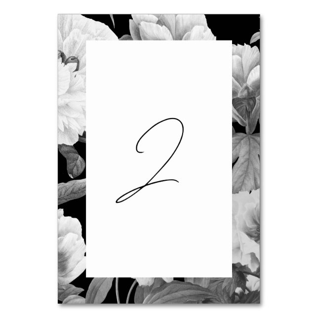 Svart och vit Peonies vattenfärg Blommigt Bröllop Bordsnummer (Framsidan)