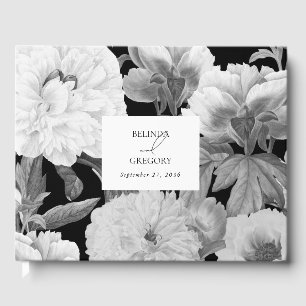 Svart och vit Peonies vattenfärg Blommigt Bröllop Gästböcker