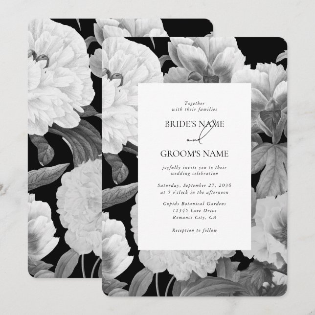 Svart och vit Peonies vattenfärg Blommigt Bröllop Inbjudningar (Fram/baksida)