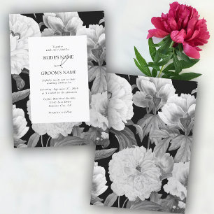 Svart och vit Peonies vattenfärg Blommigt Bröllop Inbjudningar