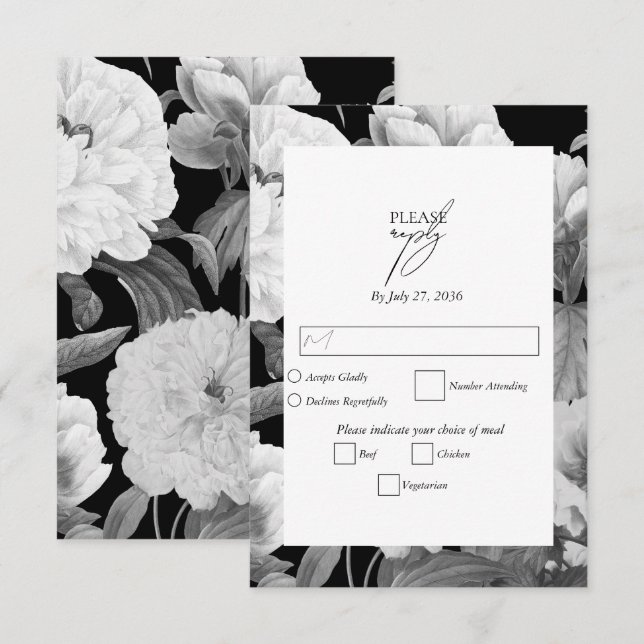Svart och vit Peonies vattenfärg Blommigt Bröllop OSA Kort (Fram/baksida)