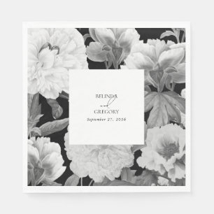 Svart och vit Peonies vattenfärg Blommigt Bröllop Pappersservett
