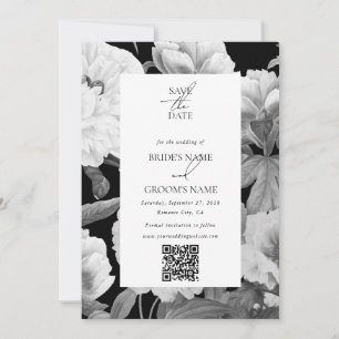 Svart och vit Peonies vattenfärg Blommigt Bröllop Spara Datumet