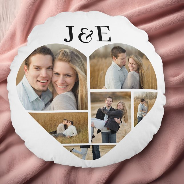 Svart och vit Personlig Heart Photo Collage Rund Kudde (Personalized Heart Collage round throw pillow)