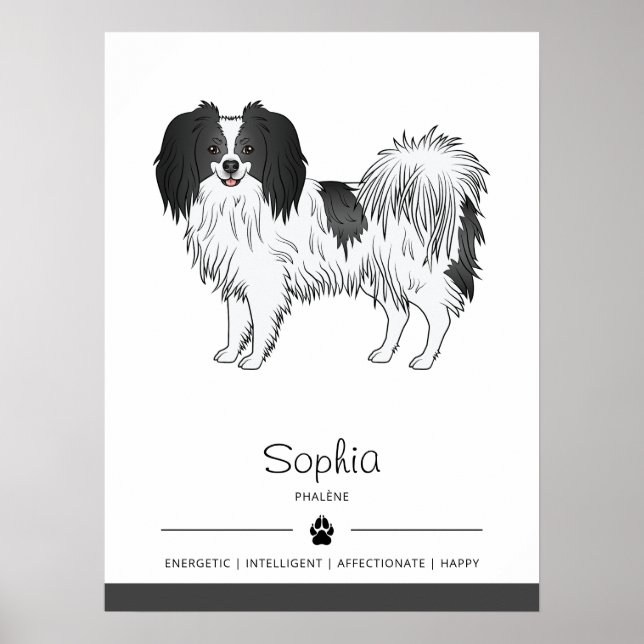Svart Och Vit Phalène Hund Med Hundens Eget Namn Poster (Framsidan)