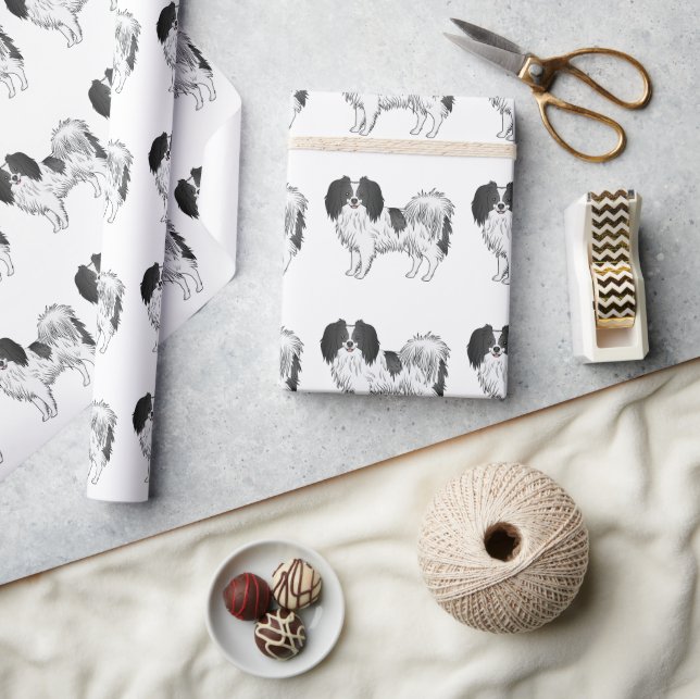 Svart och vit Phalène leksaktsras hund mönster Presentpapper (Hantverk)