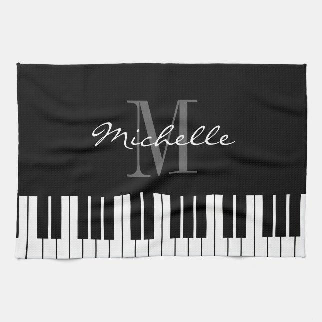 Svart och vit piano nycklar monogram kökshandduk (Horisontell)