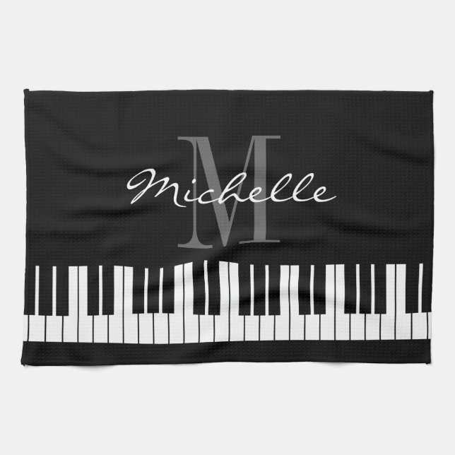 Svart och vit piano nycklar monogram kökshandduk (Horisontell)