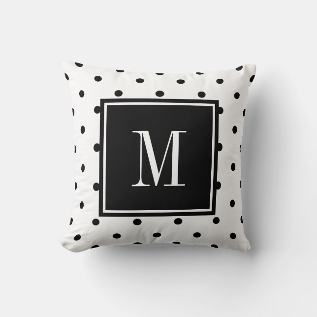 Svart och vit polkpunkt minimal MONOGRAM Kudde (Framsida)