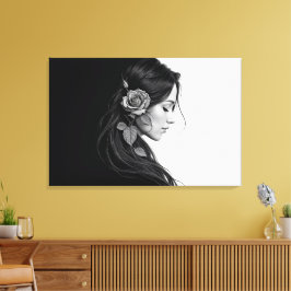 Svart och vit porträtt av vacker kvinnokonst canvastryck