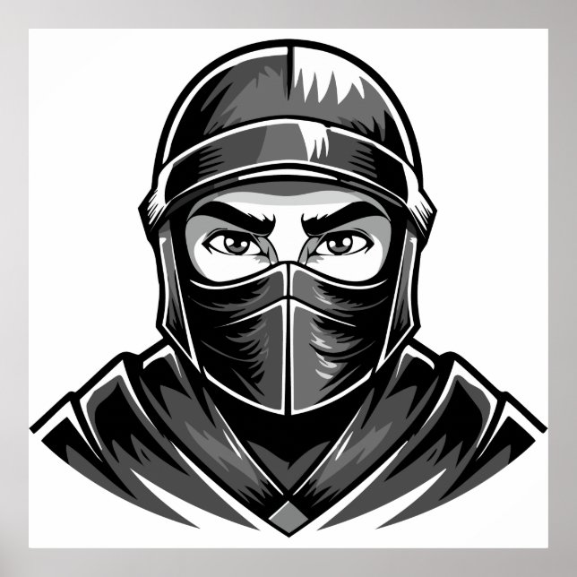 Svart och vit porträttbild manlig krigare ninja poster (Framsidan)
