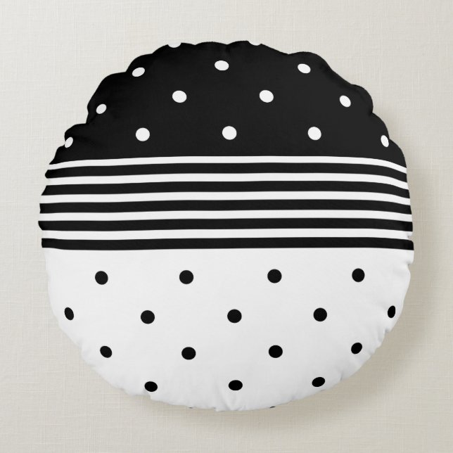 Svart och vit prickdesign - Dekorativ kudde-rundan Rund Kudde (Framsidan)