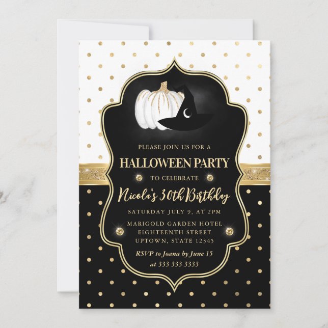 Svart och vit prickig Halloween födelsedag Inbjudningar (Framsida)