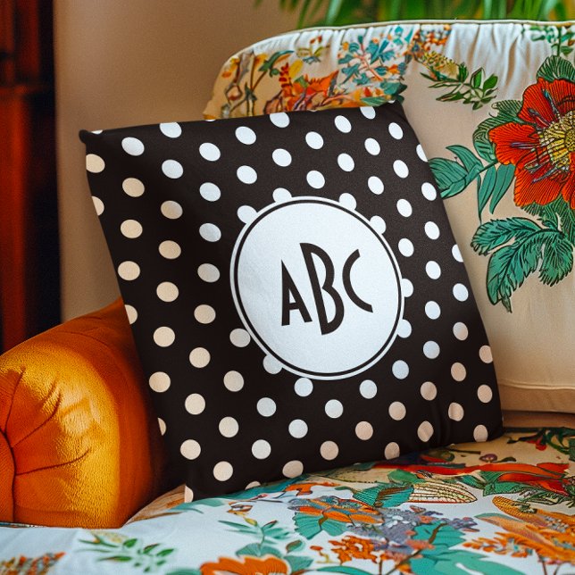 Svart och vit prickig monogram kudde (Black and White Polka Dot Monogram Throw Pillow)