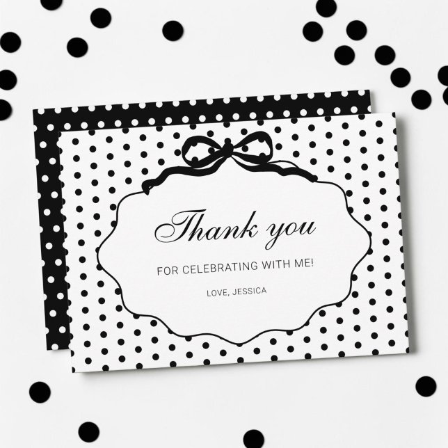Svart och vit prickig mönster födelsedagsfest tack kort (Black and White Polka Dot Pattern Birthday Party Thank You Card)