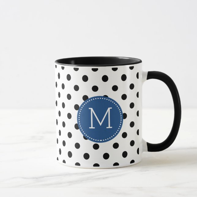 Svart och vit prickig mönster med marinblå accente mugg (Höger)