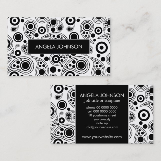 Svart och vit prickpaisley visitkort (Fram/baksida)