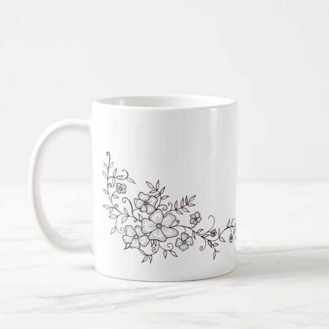 Svart och vit prydnadsblomma kaffemugg (Vänster)