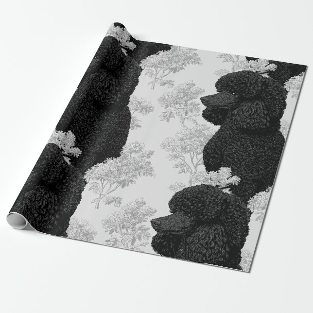 Svart och vit pudel & botanisk presentpapper (Utrullad)