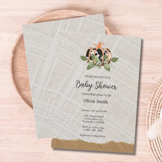 Svart och vit Pumpkin-babyskor för textilier Inbjudningar (Black and White Pumpkin Textile Baby Shower Invite)
