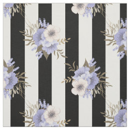 Svart och vit rand med blå och krämfärgad blomning tyg
