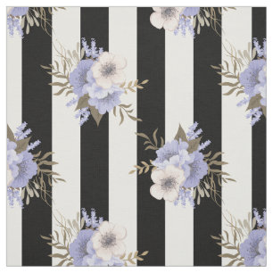 Svart och vit rand med blå och krämfärgad blomning tyg