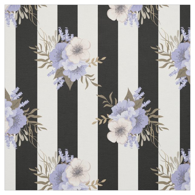 Svart och vit rand med blå och krämfärgad blomning tyg (Provkarta)