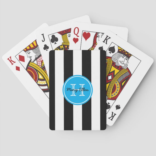 Svart och vit rand med ljusblått monogram casinokort (Baksidan)