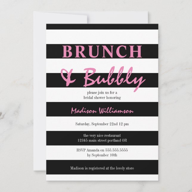 Svart och vit rand med rosa brunch och bubbel inbjudningar (Framsida)