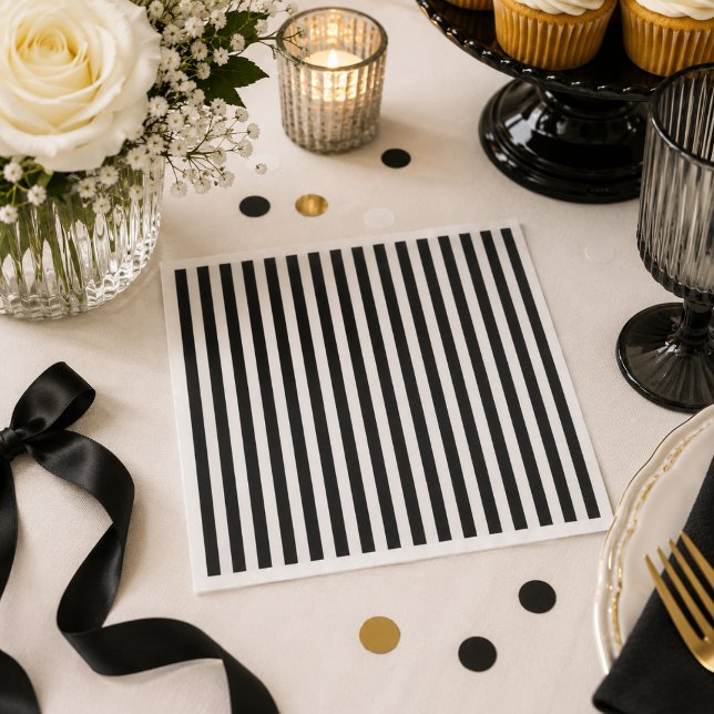 Svart och vit rand  pappersservett (Modern Black and white stripe napkin, old money theme party decoration)