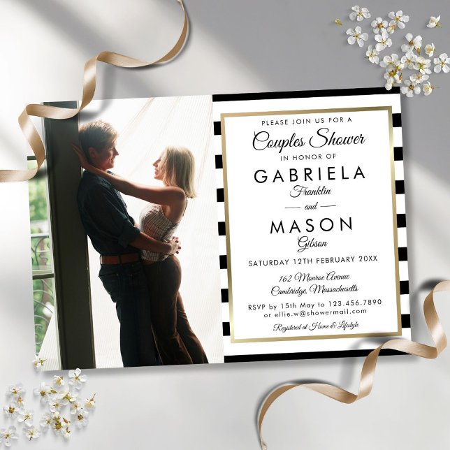Svart Och Vit Randig Bröllopsdusch För Par Inbjudningar (Black And White Stripe Photo Couples Shower Invitation)
