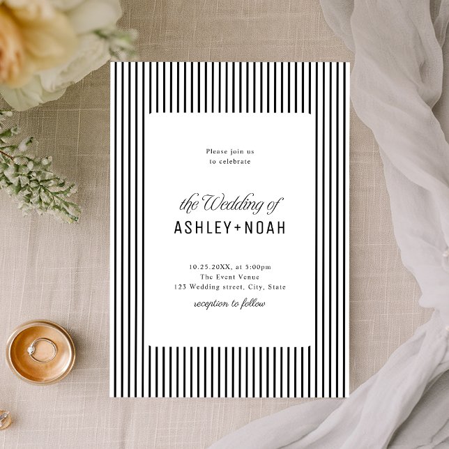 Svart Och Vit Randig Elegans Klassiskt Bröllop Inbjudningar (Black And White Striped Elegance Classy Wedding Invitation)