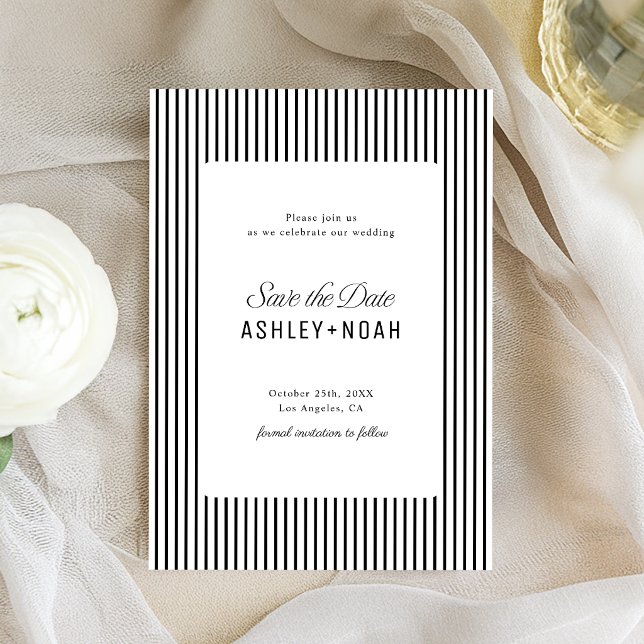 Svart Och Vit Randig Elegans Klassiskt Bröllop Spara Datumet (Black And White Striped Elegance Classy Wedding Save The Date)