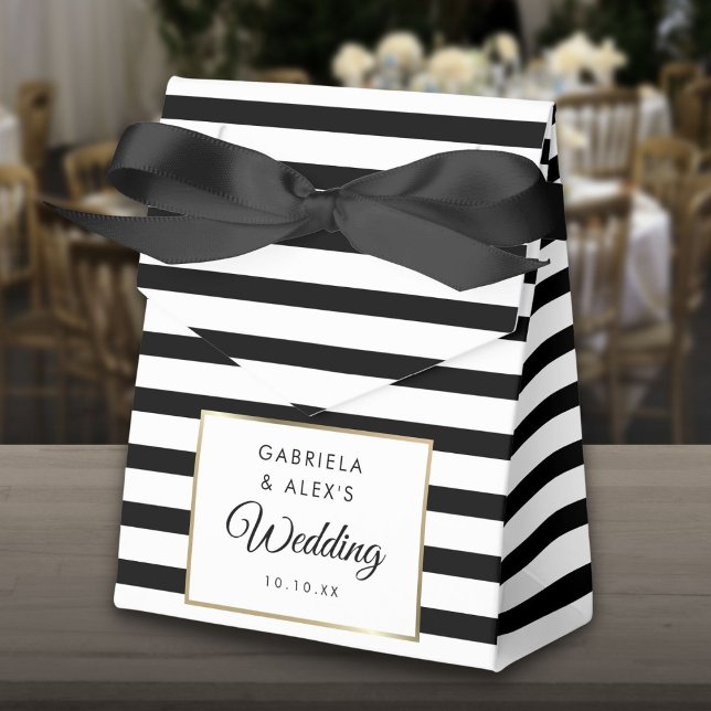 Svart Och Vit Randig Elegant Guld Bröllop Presentaskar (Black And White Stripe Elegant Gold Wedding Favor Box)