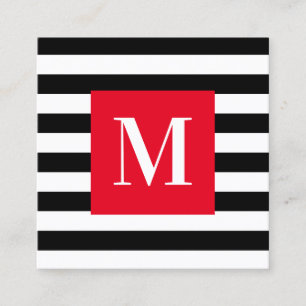 Svart och vit randig ljusröd monogram fyrkantigt visitkort