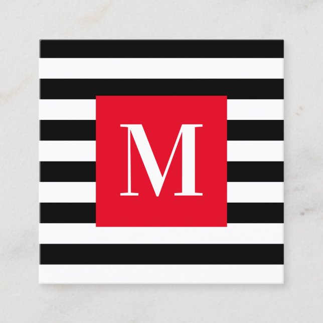 Svart och vit randig ljusröd monogram fyrkantigt visitkort (Framsida)