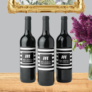 Svart och vit randig monogram vinflaska etikett