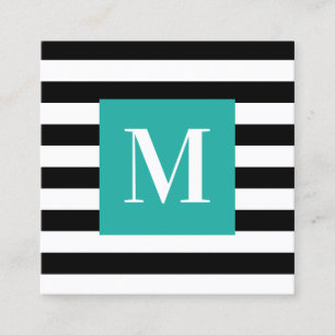 Svart och vit randig turkos monogram fyrkantigt visitkort